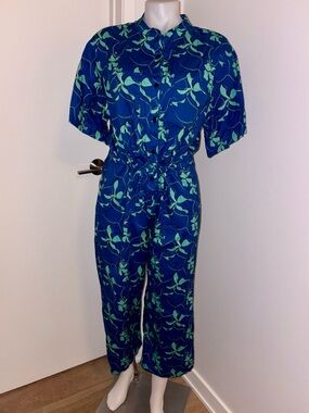 The Kit NYC Women’s Issa Blue Green Scribble Floral Jumpsuit sz Petite Medium